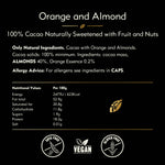 Orange & Almond. 100% cacao. No Added Sugar. Vegan. 50g bar