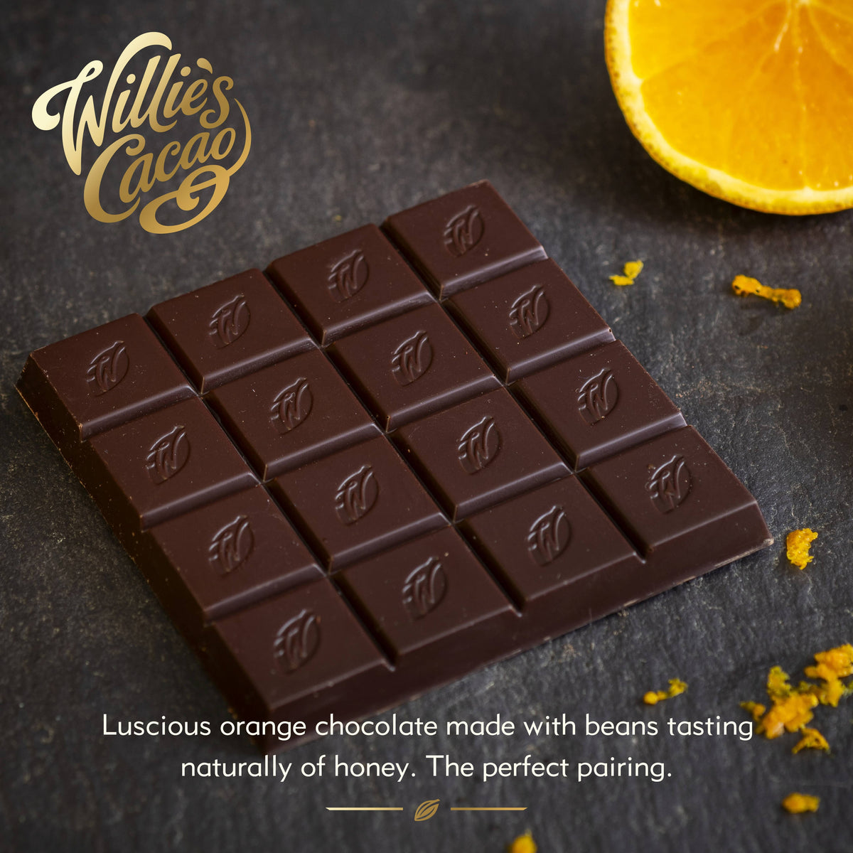 Luscious Orange. Dark chocolate with orange. Vegan. 50g bar