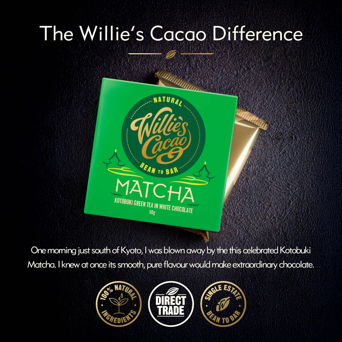 Matcha. White chocolate w. ceremonial grade matcha. 50g bar