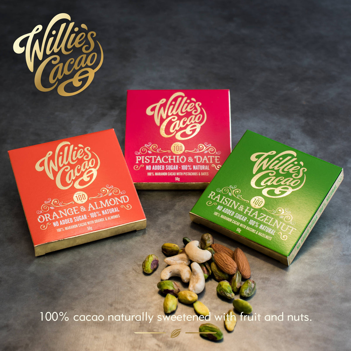 Orange & Almond. 100% cacao. No Added Sugar. Vegan. 50g bar