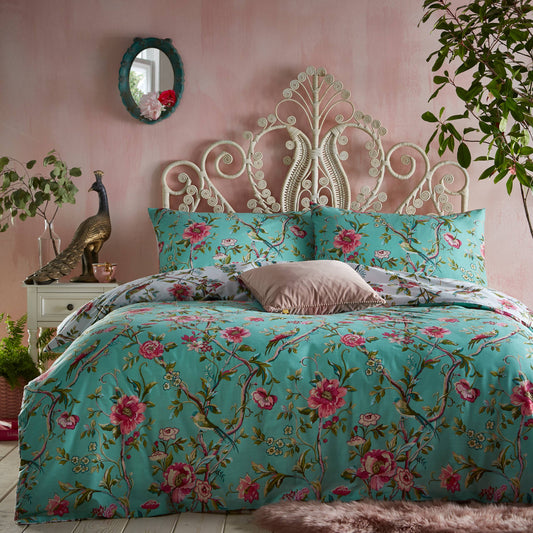 Vintage Chinoiserie Floral Exotic Duvet Cover Set Jade: Jade