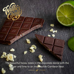 Ginger Lime. Dark chocolate w. ginger & lime. Vegan. 50g bar