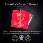 Pistachio & Date. 100% cacao. No added sugar. Vegan. 50g bar