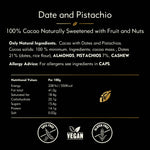 Pistachio & Date. 100% cacao. No added sugar. Vegan. 50g bar