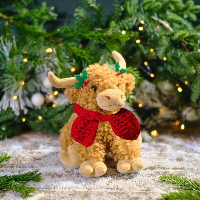 Xmas Highland Cow Doorstop Brown Fleece Fabric With Holly
