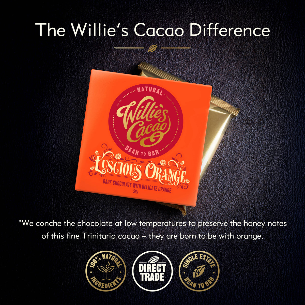 Luscious Orange. Dark chocolate with orange. Vegan. 50g bar