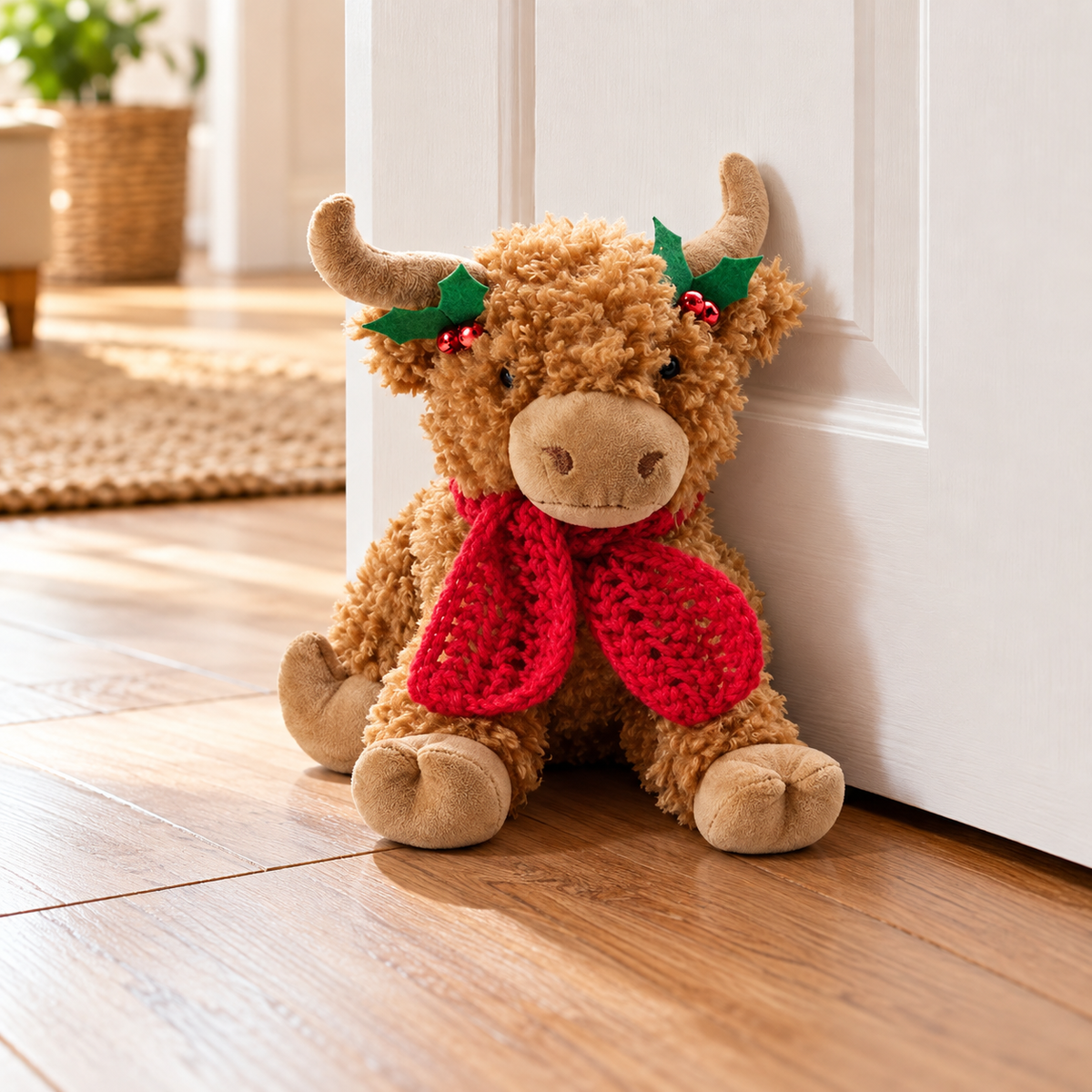 Xmas Highland Cow Doorstop Brown Fleece Fabric With Holly