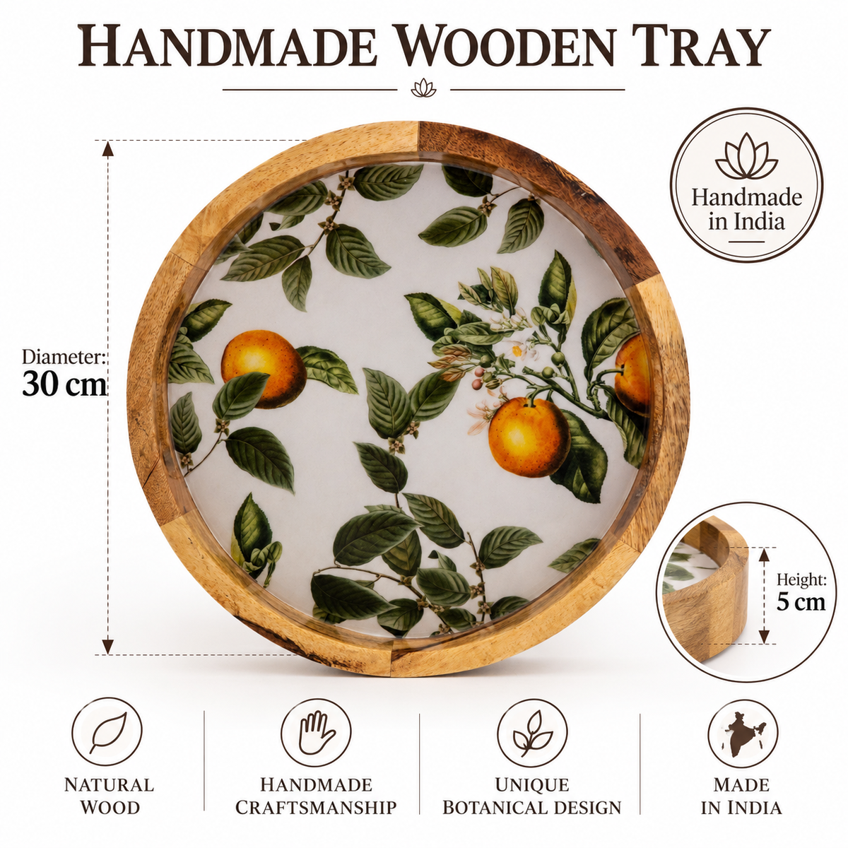 Handcrafted Orange Blossom Round Wooden Tray 30cm