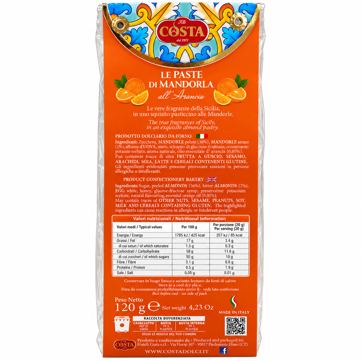 Paste di Mandorla all'arancia - Sicilian almond and orange biscuit 120g