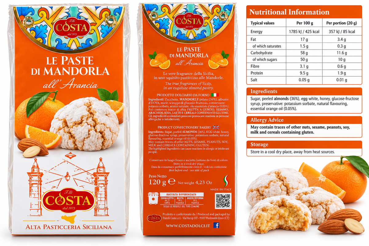 Paste di Mandorla all'arancia - Sicilian almond and orange biscuit 120g