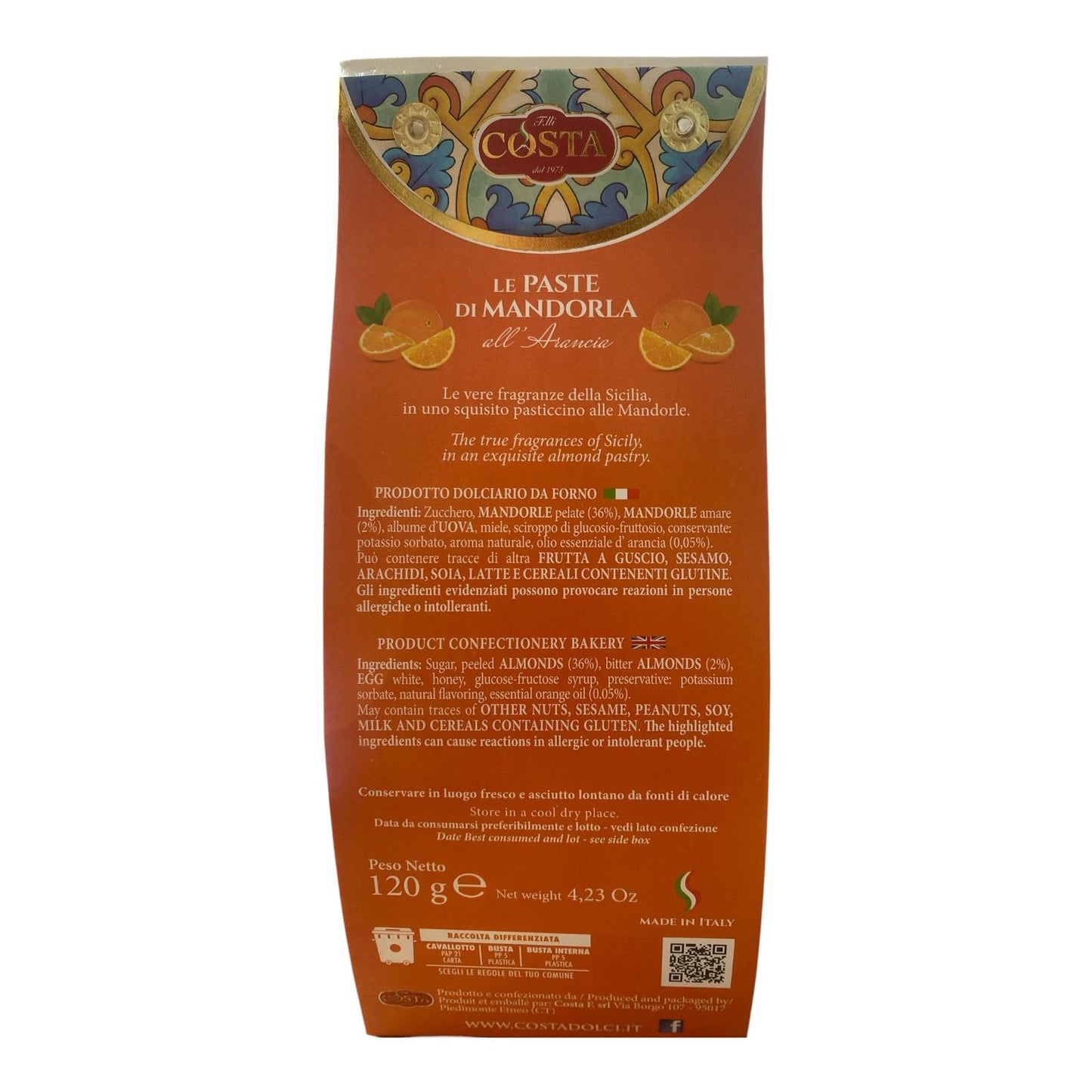 Paste di Mandorla all'arancia - Sicilian almond and orange biscuit 120g