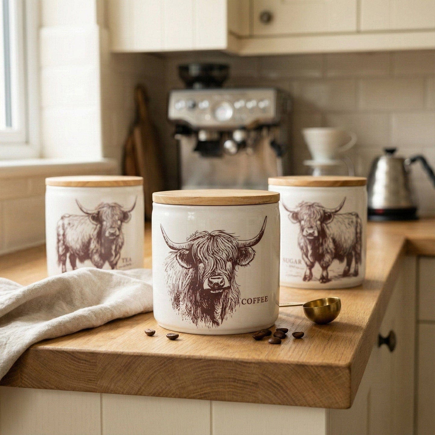 Coffee Storage Jar with Wooden Lid - Highland Cow