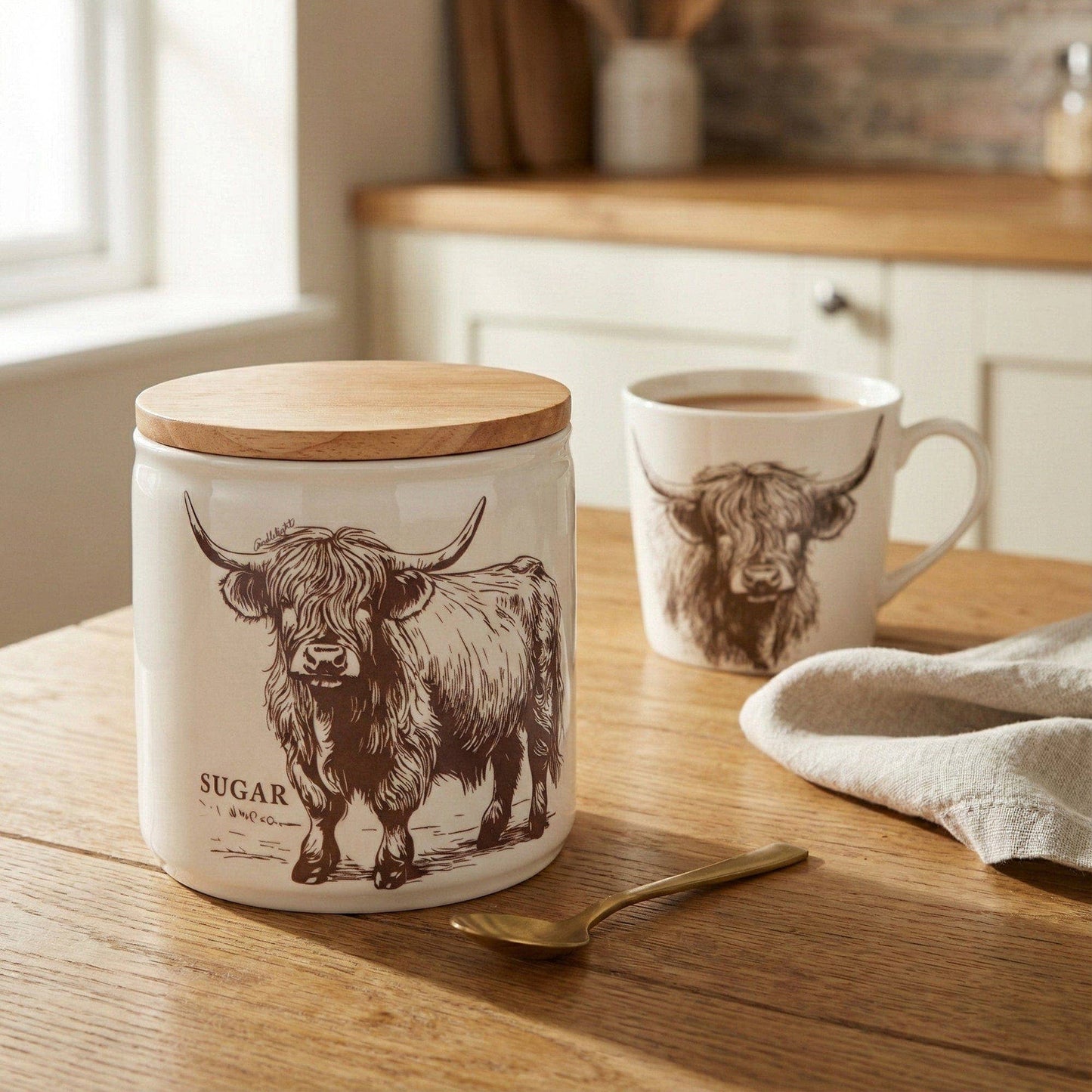 Sugar Storage Jar with Wooden Lid - Highland Cow