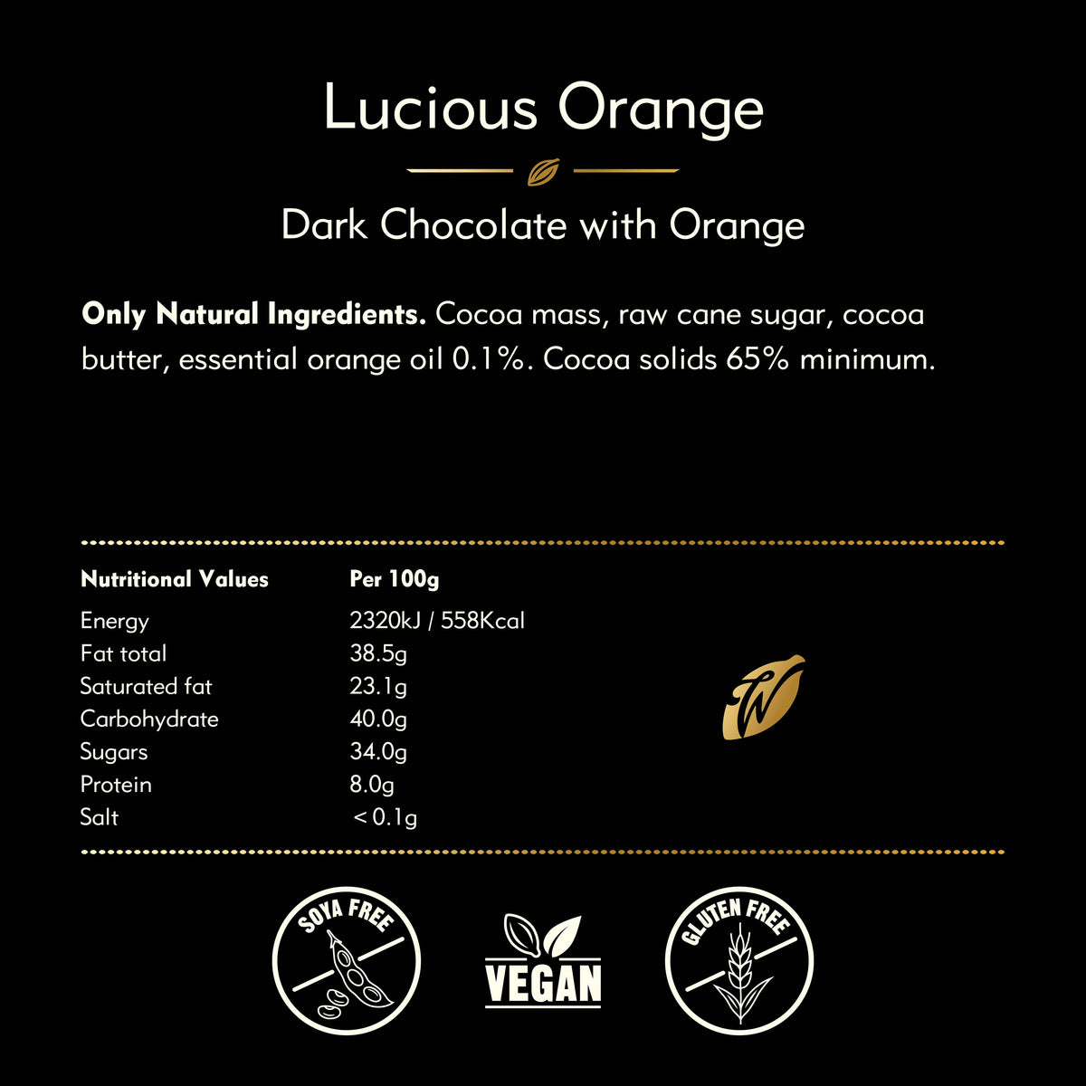 Luscious Orange. Dark chocolate with orange. Vegan. 50g bar