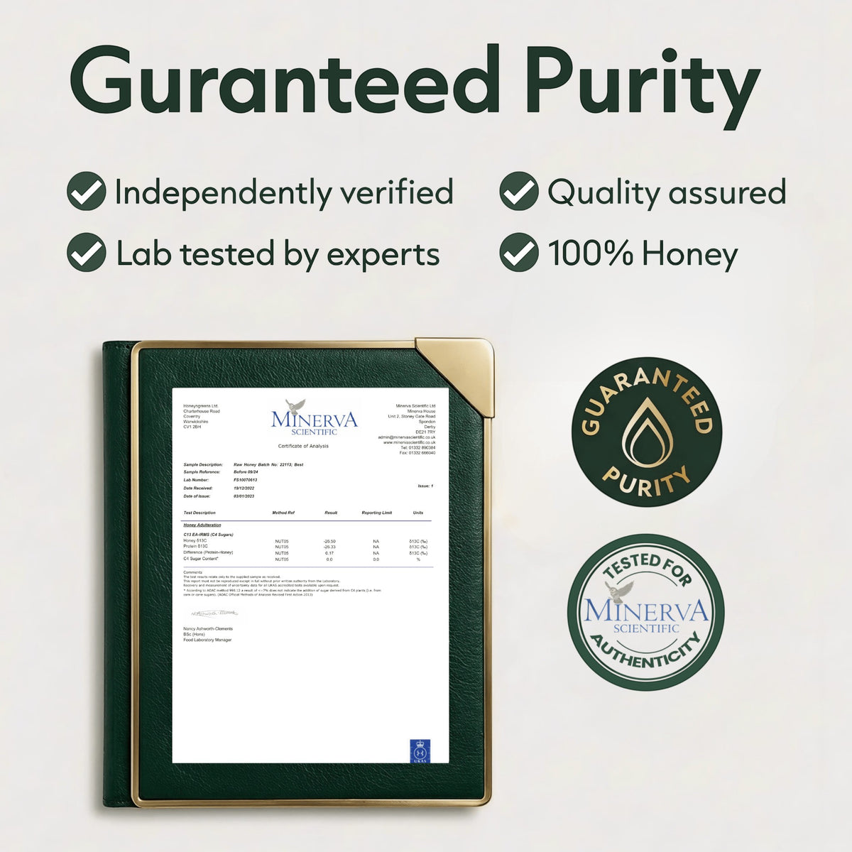 Certificato di analisi Autentici per miele puro con sigilli di qualità e purezza verificati in laboratorio