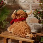 Xmas Highland Cow Doorstop Brown Fleece Fabric With Holly