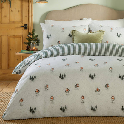 Robins Return Brushed Cotton Duvet Cover Set Cream/Pine: Cream/Pine
