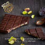 Pistachio & Date. 100% cacao. No added sugar. Vegan. 50g bar