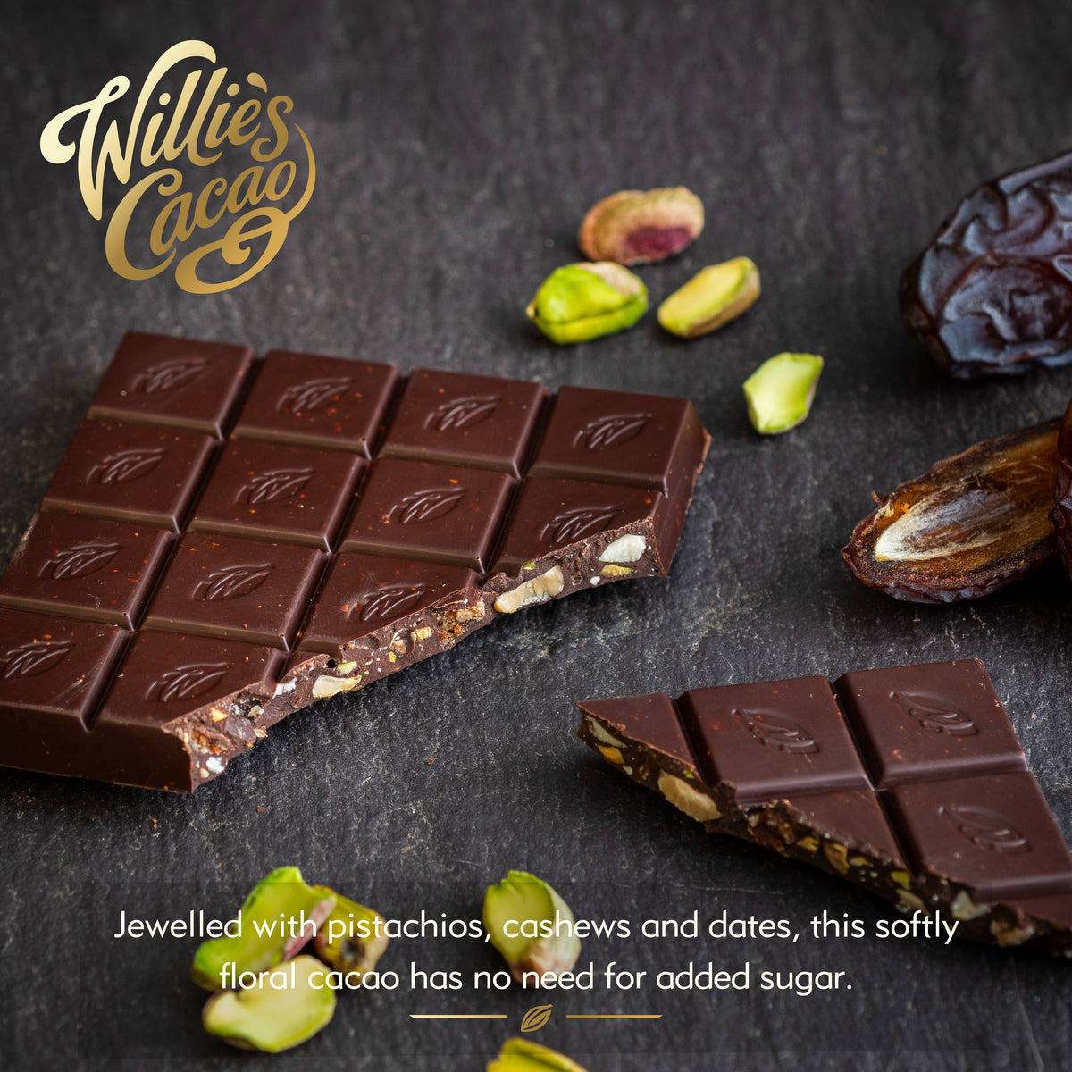 Pistachio & Date. 100% cacao. No added sugar. Vegan. 50g bar