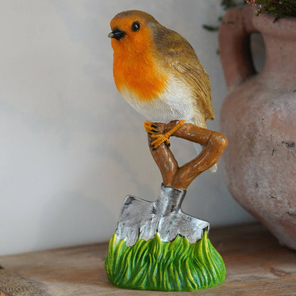 Robin on Spade Resin Ornament Garden Home Statue Robins