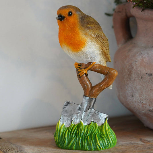 Robin on Spade Resin Ornament Garden Home Statue Robins