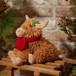 Xmas Highland Cow Doorstop Brown Fleece Fabric With Holly