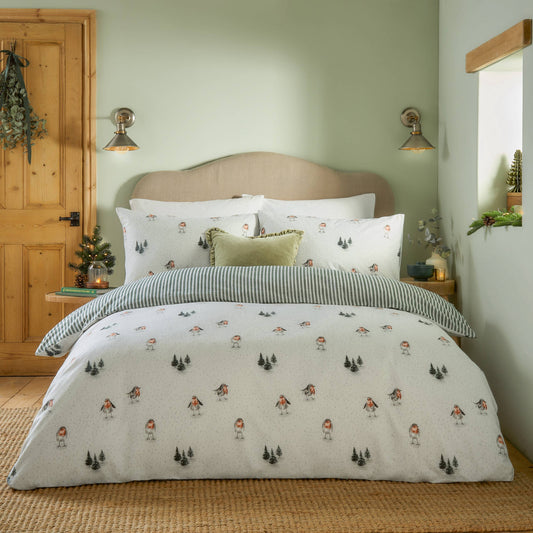 Robins Return Brushed Cotton Duvet Cover Set Cream/Pine: Cream/Pine